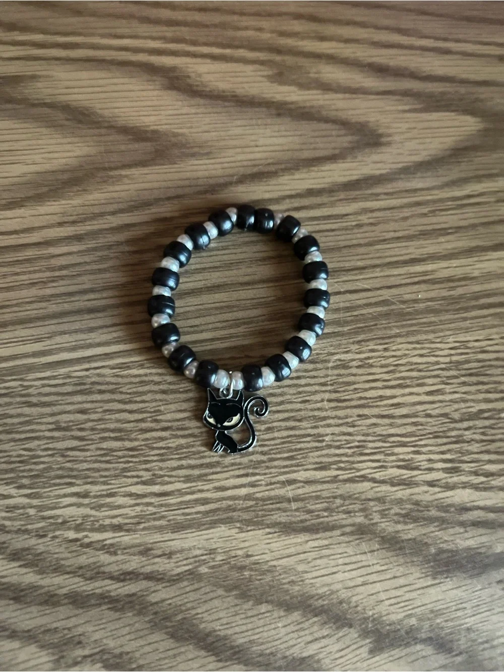 Cat Charm Bracelet with Pearl and Black Pony Beads